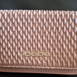 bebe Blush Pink Woven Clutch with Crystal Chain Detail